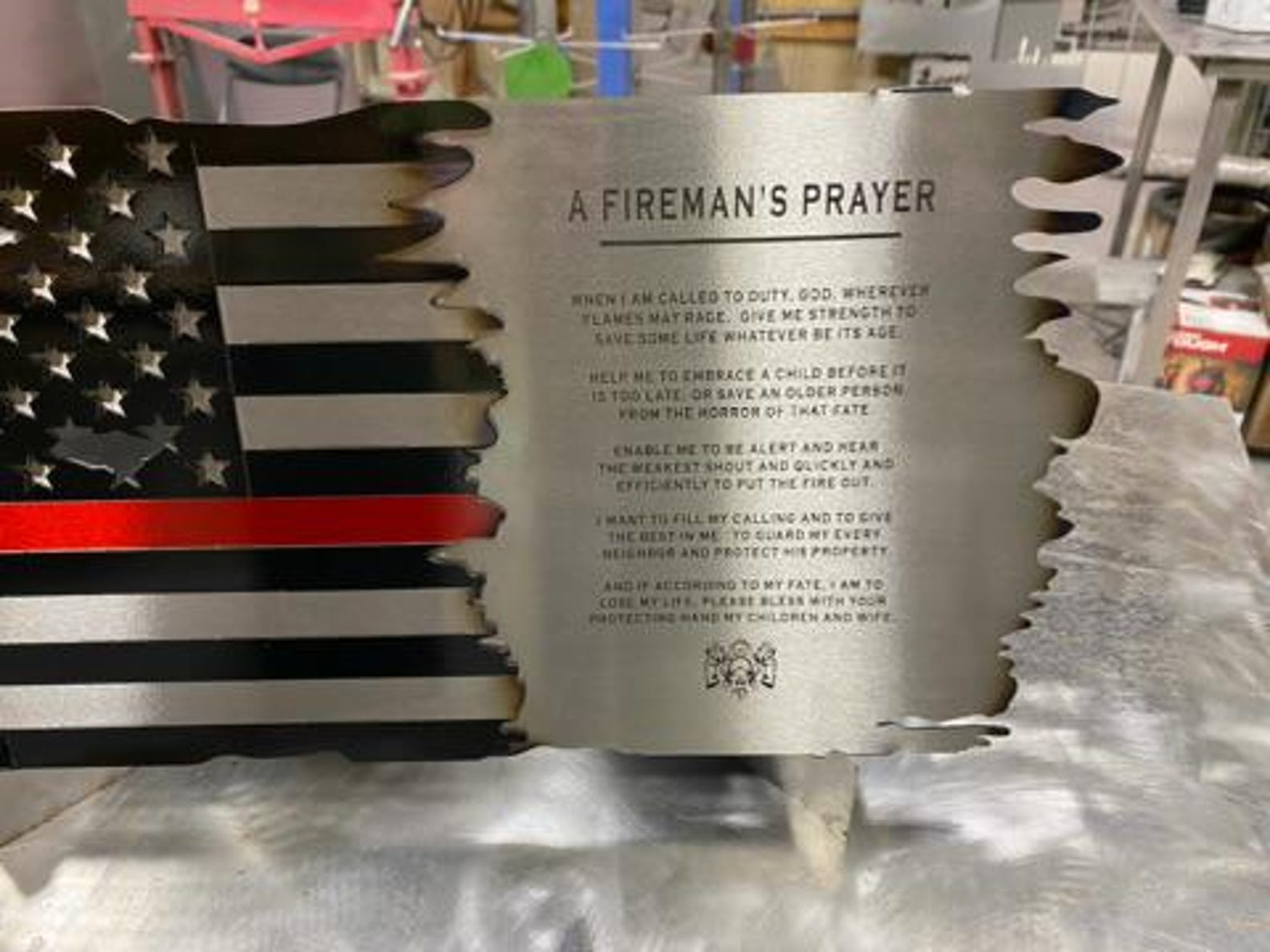 Fireman's Prayer Thin Red Line American Flag metal wall art