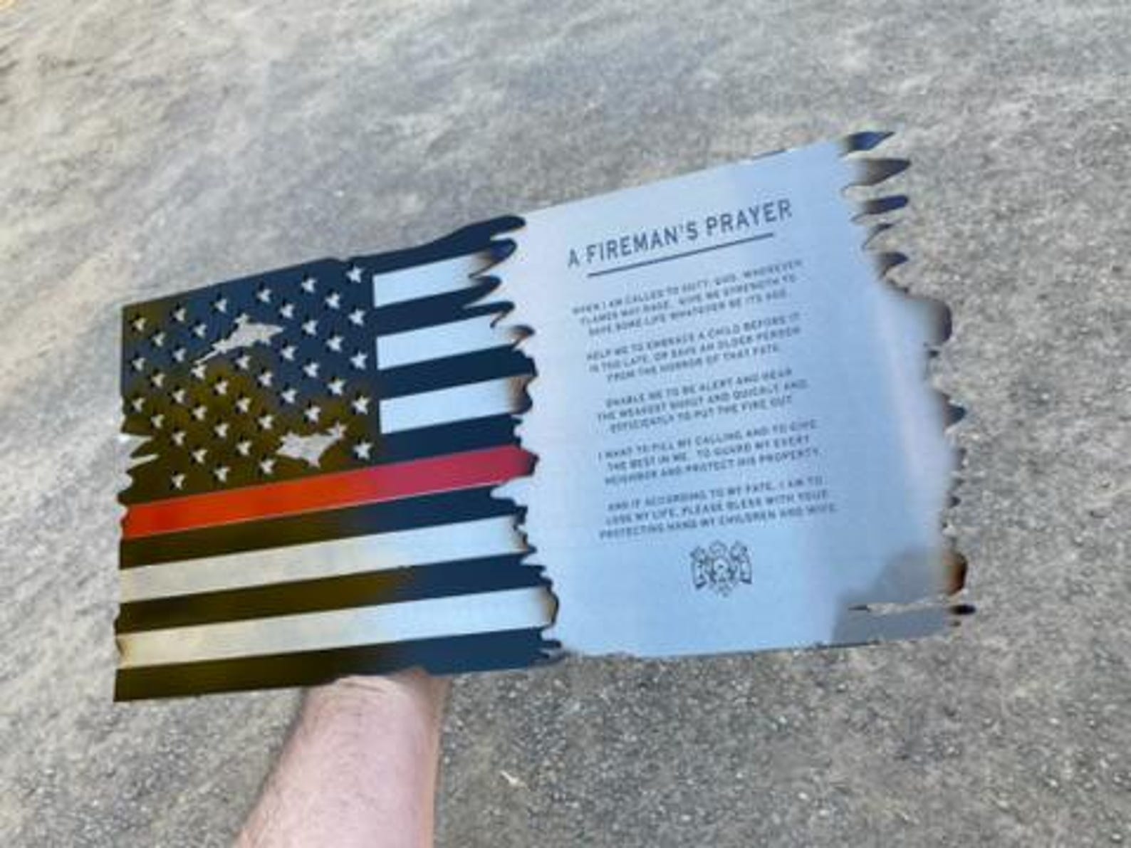 Fireman's Prayer Thin Red Line American Flag metal wall art