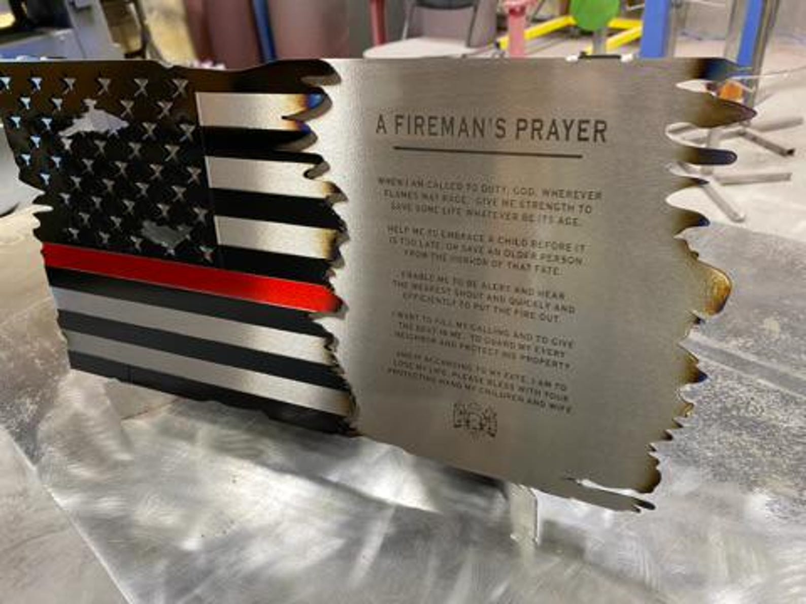 Fireman's Prayer Thin Red Line American Flag metal wall art