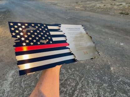 Fireman's Prayer Thin Red Line American Flag metal wall art