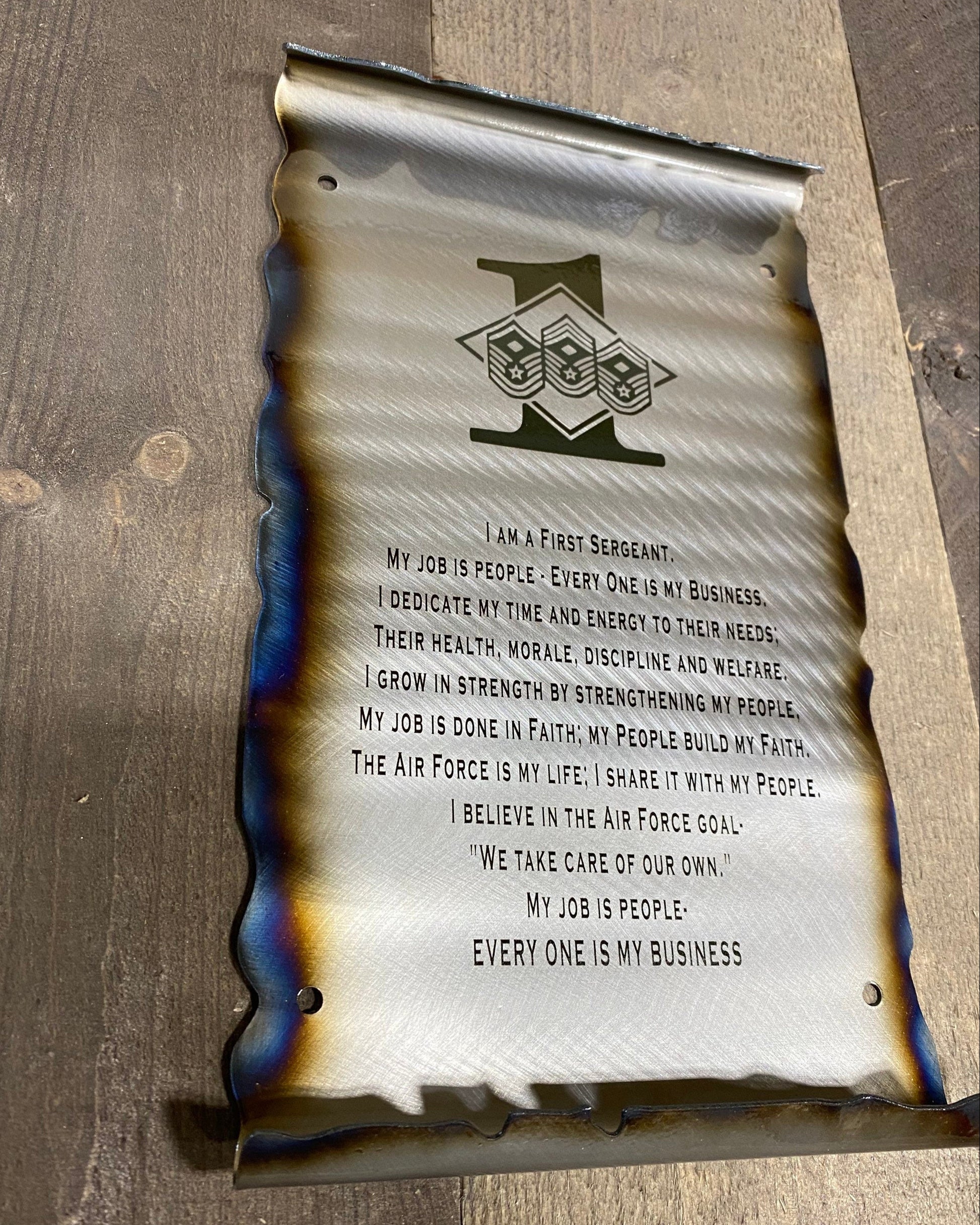 First Sergeant Creed metal scroll laser engraved on American steel with heat patina and powder coat finish, handmade