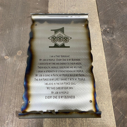 First Sergeant Creed metal scroll laser engraved on American steel with heat patina and powder coat finish, handmade by CnS CnC
