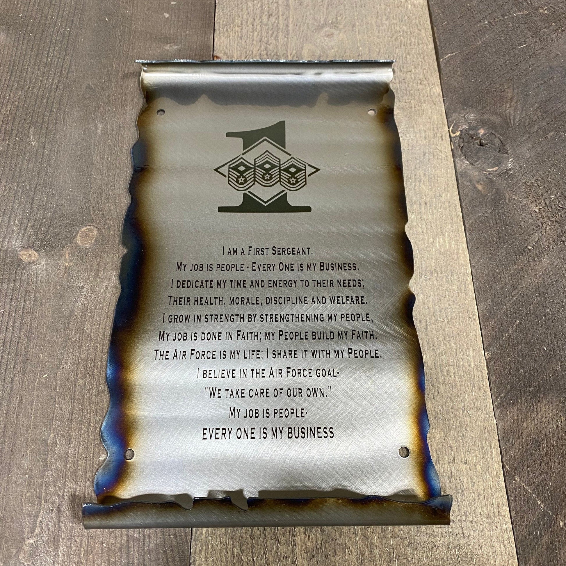 First Sergeant Creed metal scroll laser engraved on American steel with heat patina and powder coat finish, handmade by CnS CnC