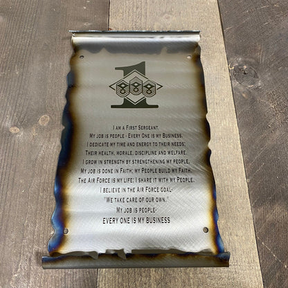 First Sergeant Creed metal scroll laser engraved on American steel with heat patina and powder coat finish, handmade by CnS CnC