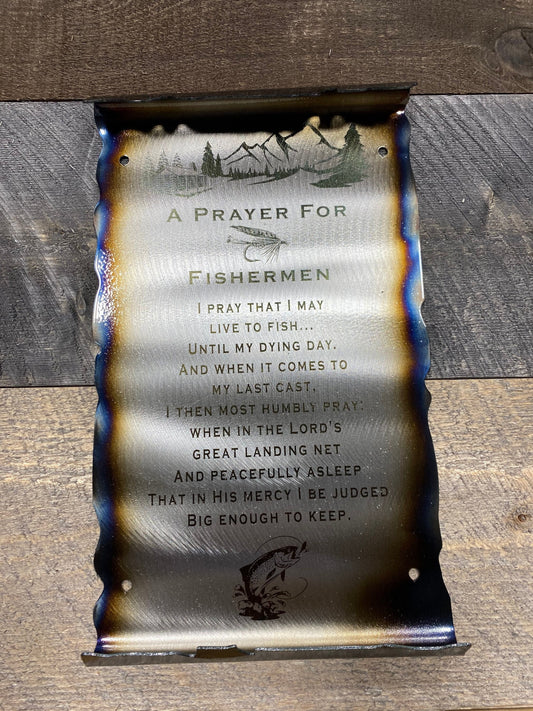Laser etched Fisherman’s Prayer scroll made from American steel with clear powder coat and heat patina, 6x10 inches for rustic fishing decor