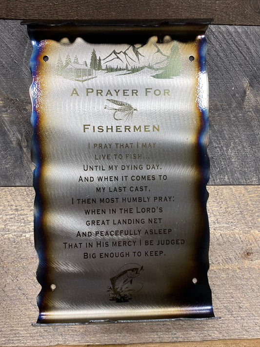Laser etched Fisherman’s Prayer scroll made from American steel with clear powder coat and heat patina, 6x10 inches for rustic fishing decor