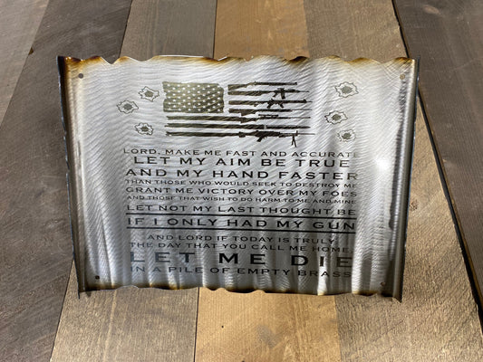 Gunslinger's Prayer metal scroll wall art with patriotic design