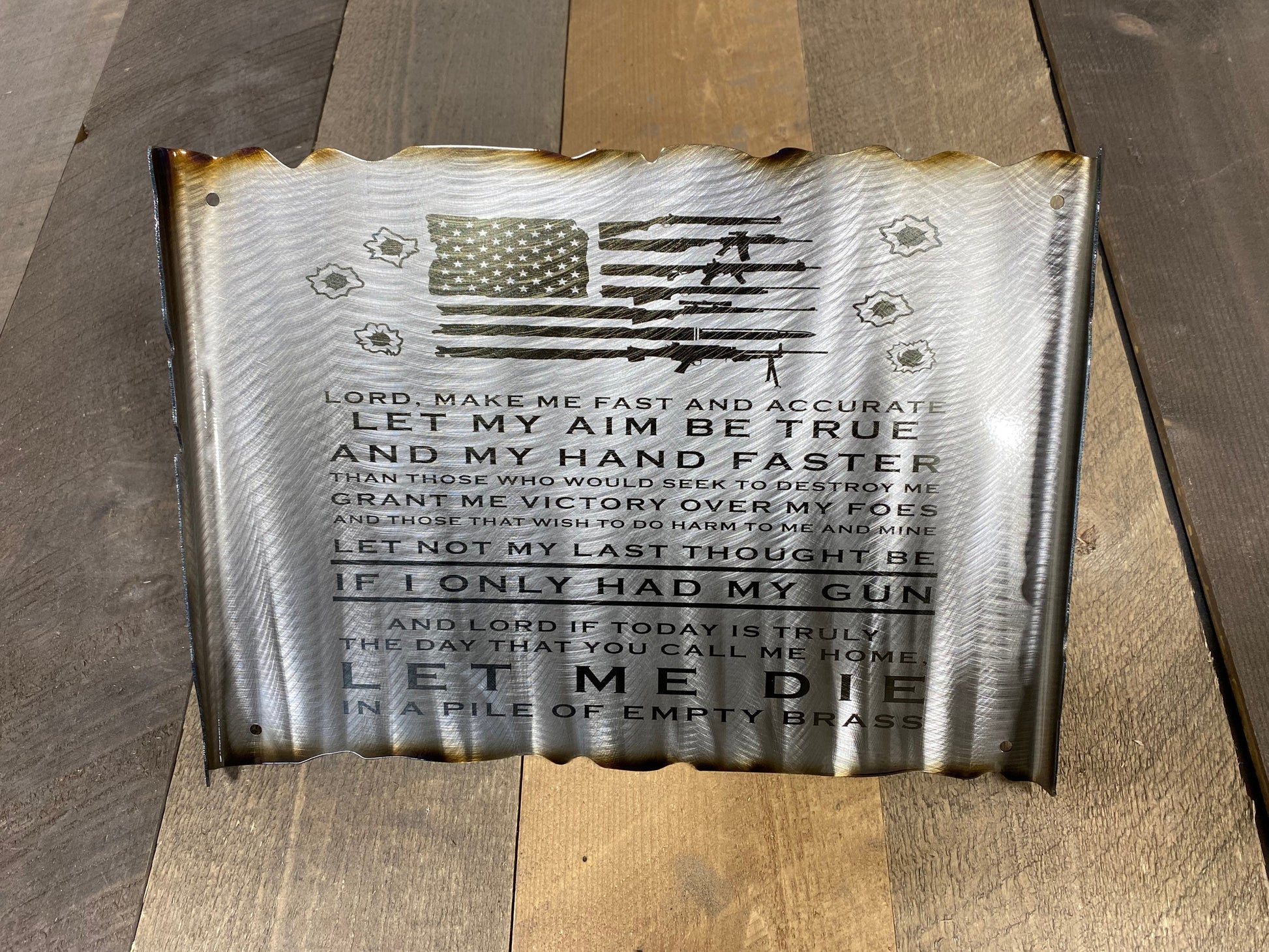 Gunslinger's Prayer metal scroll wall art with patriotic design