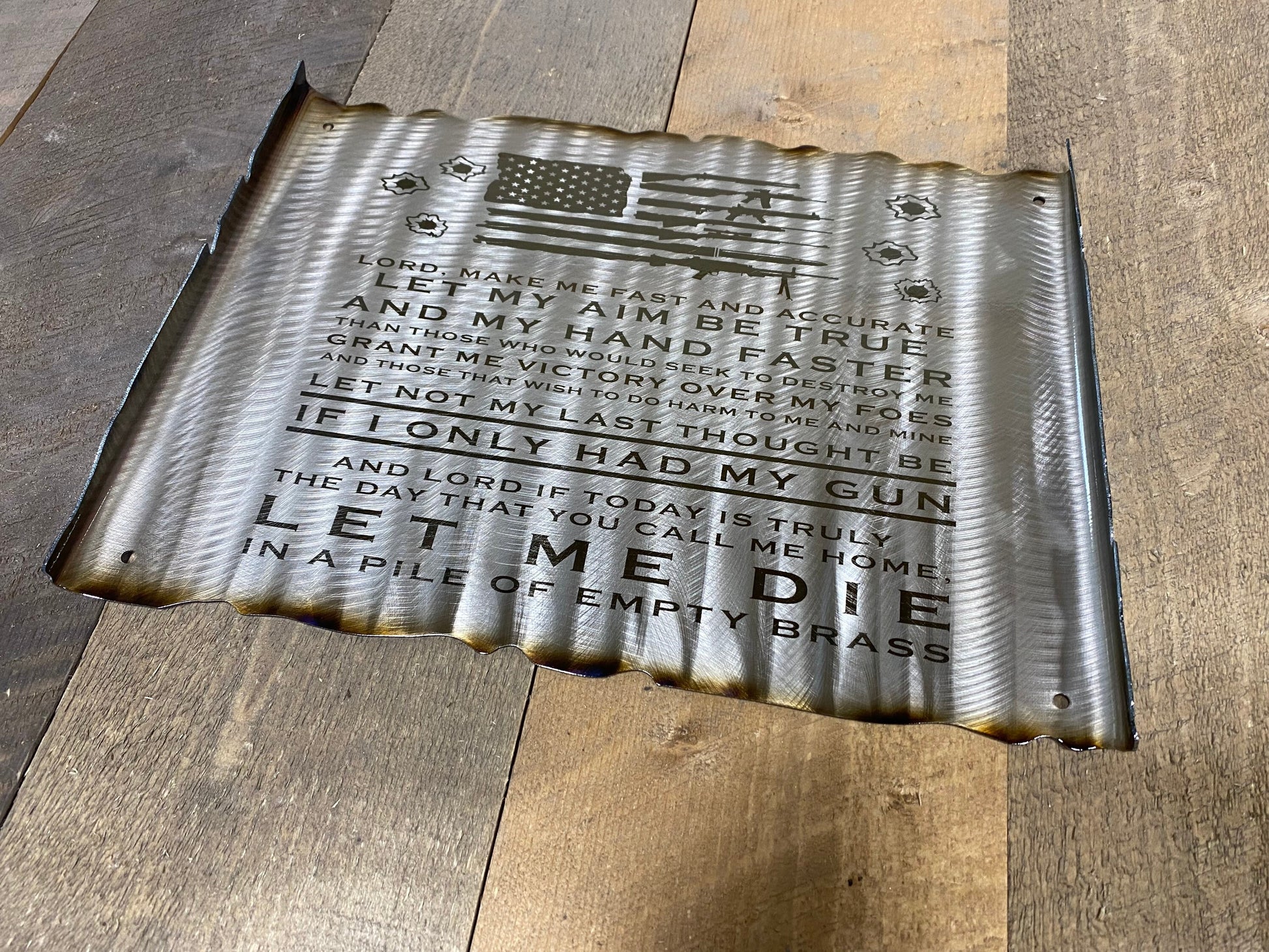Gunslinger's Prayer metal scroll wall art with patriotic design