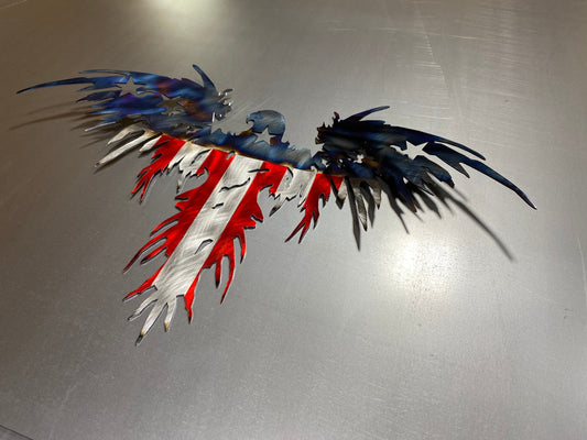 Heat Patina American Eagle Flag handcrafted from American steel with a wavy wing design and battle-worn American flag finish