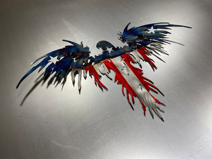 Heat Patina American Eagle Flag handcrafted from American steel with a wavy wing design and battle-worn American flag finish