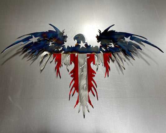 Heat Patina American Eagle Flag handcrafted from American steel with a wavy wing design and battle-worn American flag finish
