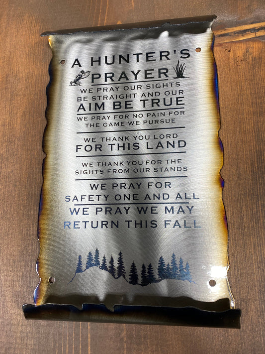 Laser etched Hunter’s Prayer scroll made from powder coated American steel with heat patina finish, 6x10 inches for rustic wall display