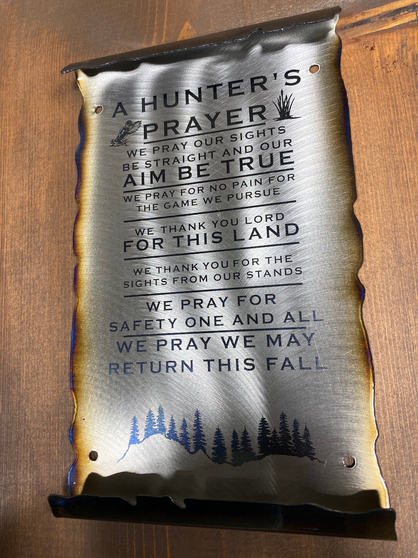 Laser etched Hunter’s Prayer scroll made from powder coated American steel with heat patina finish, 6x10 inches for rustic wall display
