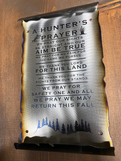 Laser etched Hunter’s Prayer scroll made from powder coated American steel with heat patina finish, 6x10 inches for rustic wall display