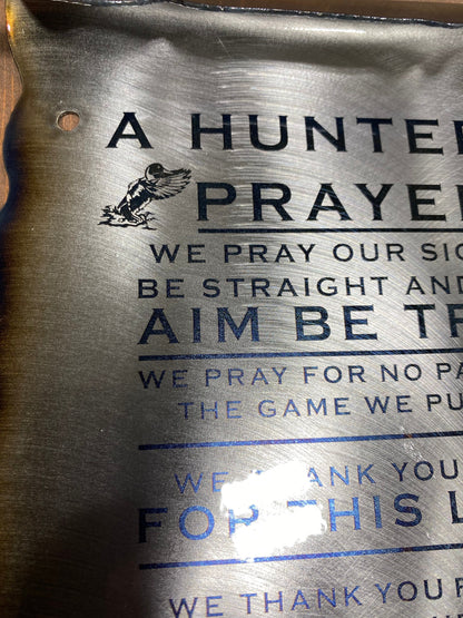 Laser etched Hunter’s Prayer scroll made from powder coated American steel with heat patina finish, 6x10 inches for rustic wall display