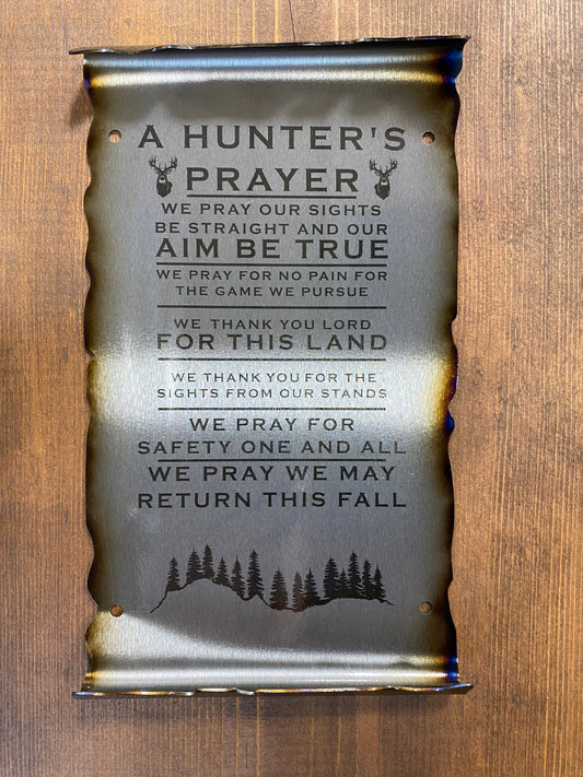 Laser etched Hunter’s Prayer scroll made from powder coated American steel with heat patina finish, 6x10 inches for rustic wall display