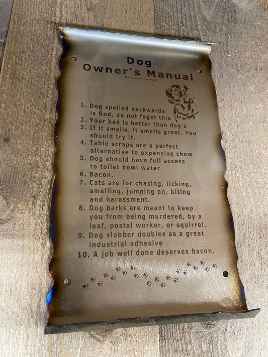 Dog Owner’s Manual scroll metal wall art with humorous dog rules