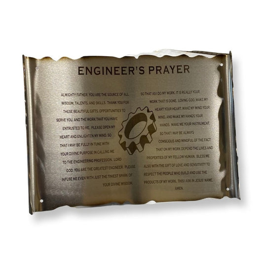 Metal scroll with engraved Engineer’s Prayer and rustic finish