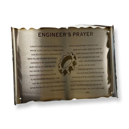 Metal scroll with engraved Engineer’s Prayer and rustic finish