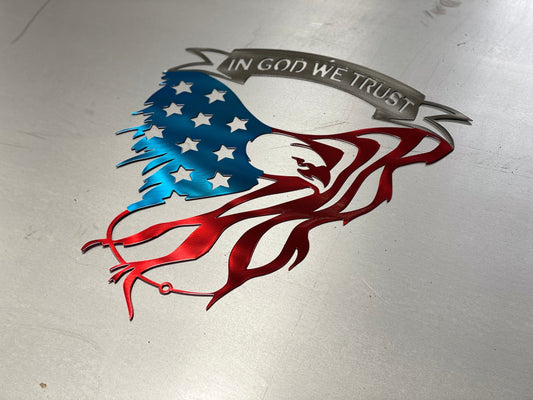 Metal eagle wall art with In God We Trust and American flag design