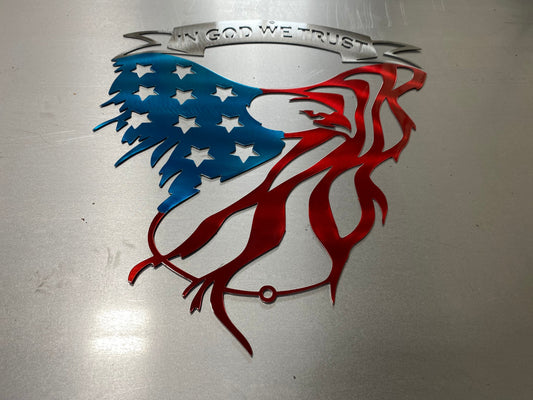Metal eagle wall art with In God We Trust and American flag design