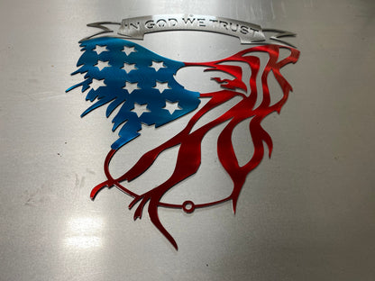 Metal eagle wall art with In God We Trust and American flag design