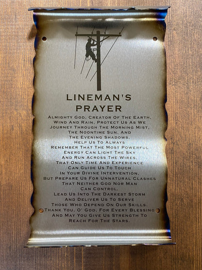Handcrafted metal scroll with Lineman’s Prayer, formed 10-inch tall wall tribute for linemen and utility workers