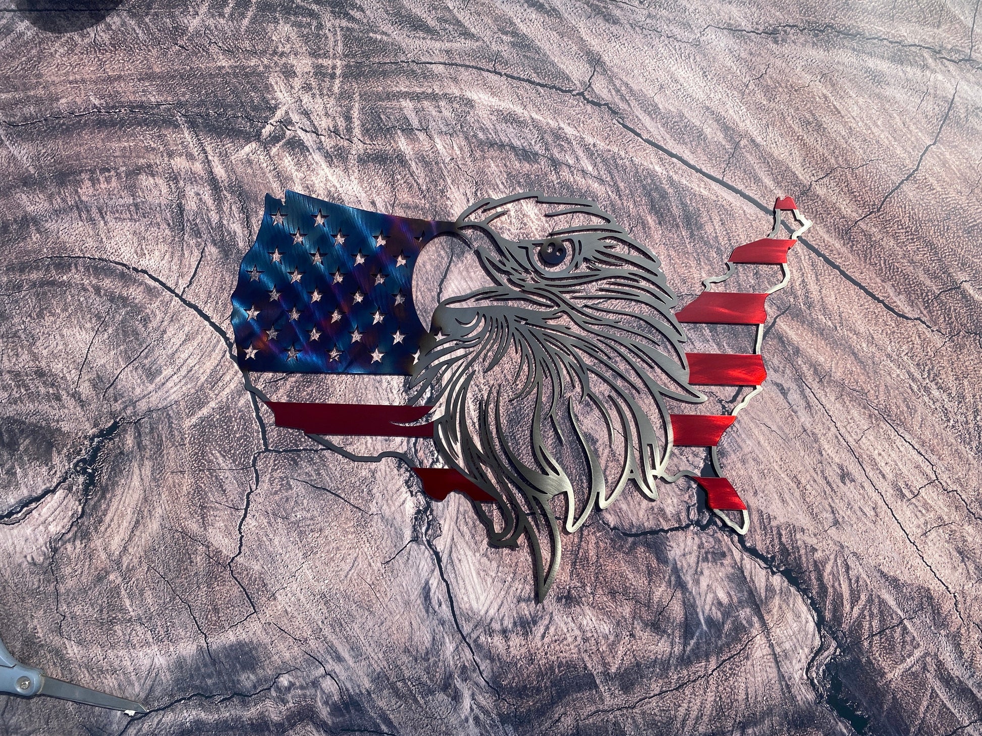 Live Free or Die USA flag-shaped wall art with bald eagle centerpiece