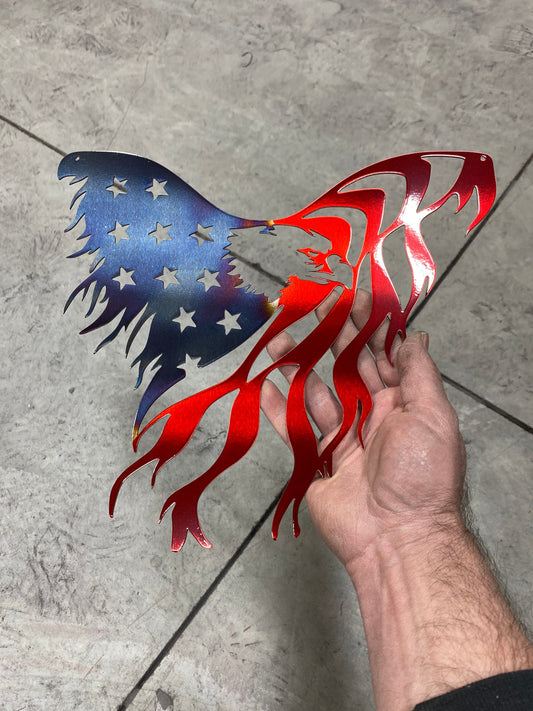 USA outline wall art with bold eagle centerpiece and red powder coat finish