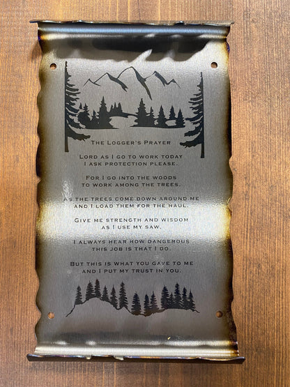 Loggers Prayer Scroll Sign, handcrafted metal wall art with laser-etched tree line and prayer, heat patina accents, and scroll edges by CnS CnC.