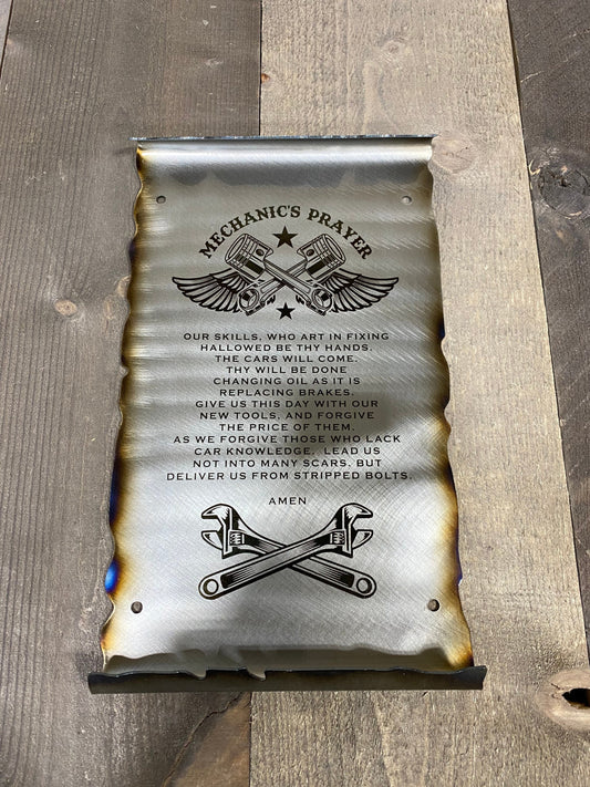 Handcrafted mechanic garage scroll sign made from powder coated American steel

