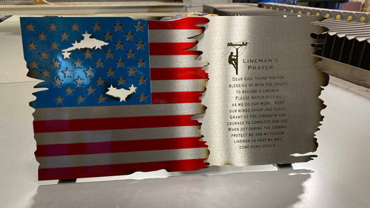 Metal American Flag with Lineman's Prayer and Distressed Finish

