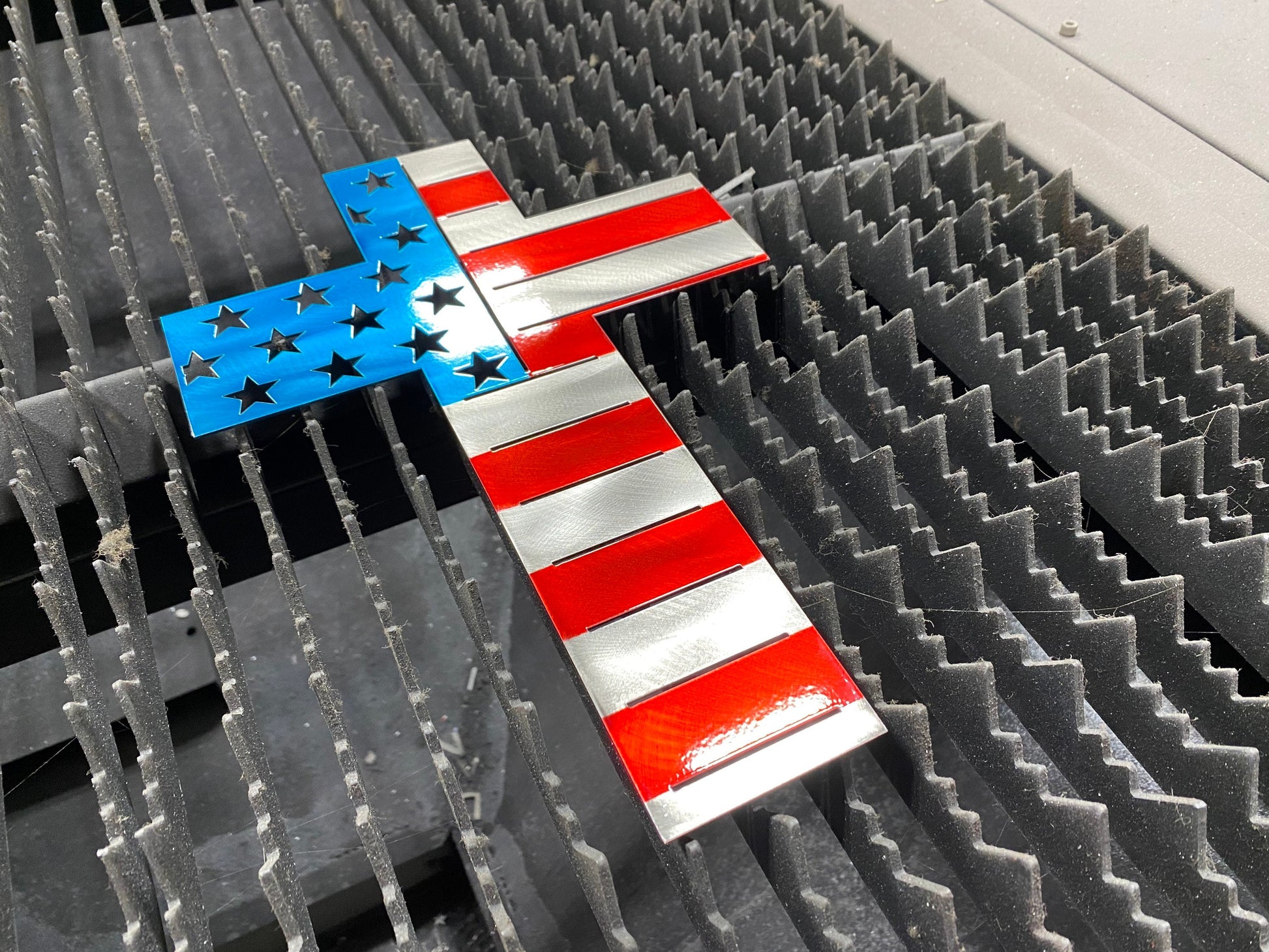 Metal Cross With American Flag overlay