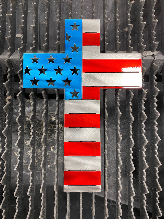 Metal Cross With American Flag overlay