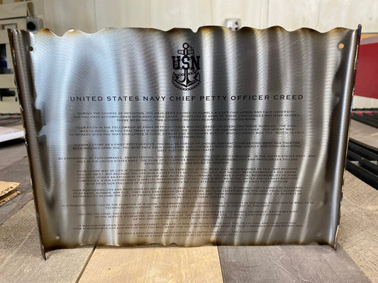 Engraved metal Navy Chief scroll with CPO Creed and powder coat finish