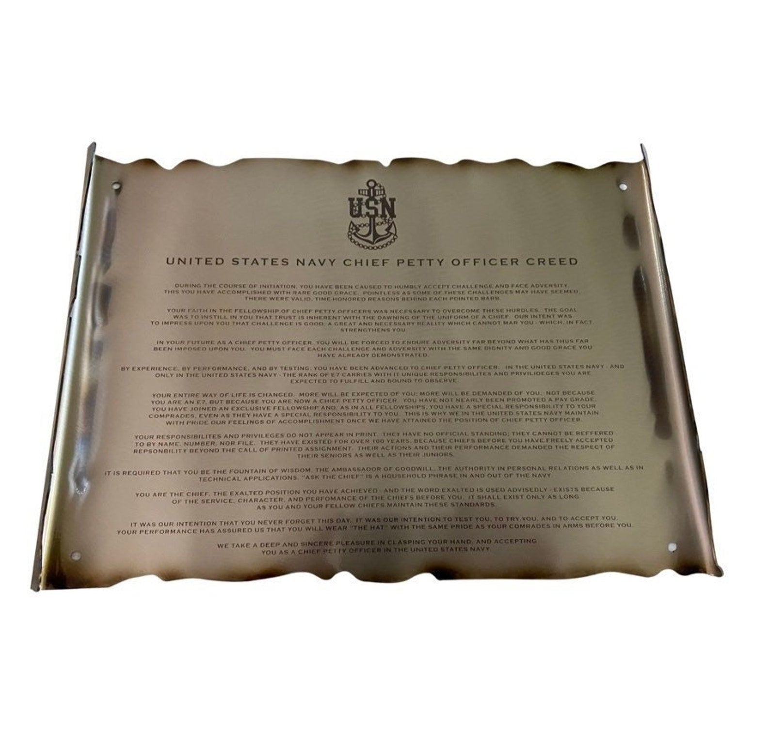 Engraved metal Navy Chief scroll with CPO Creed and powder coat finish

