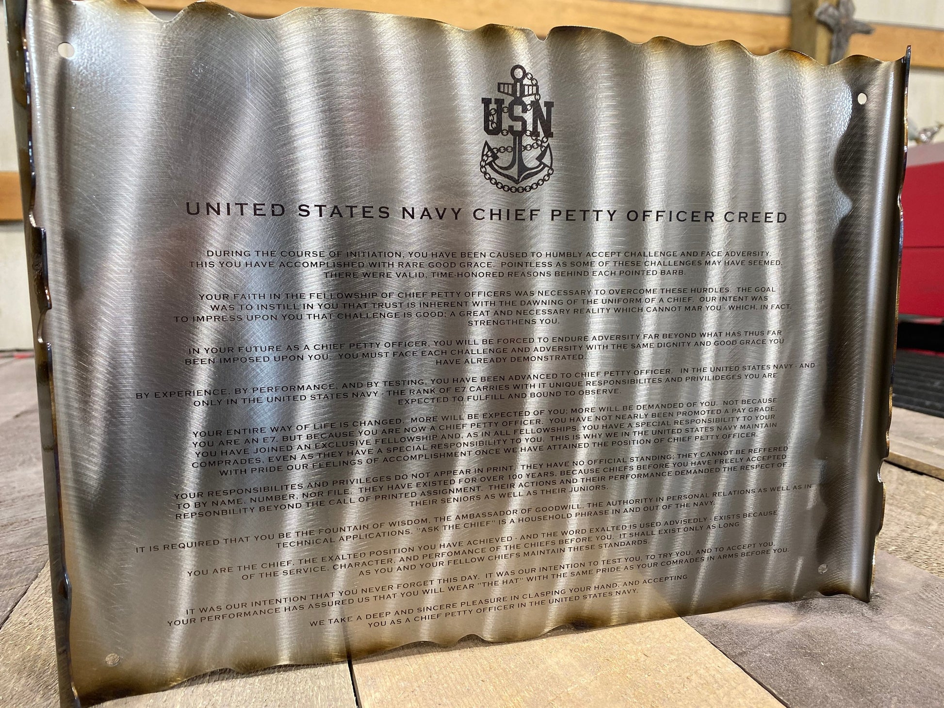 Engraved metal Navy Chief scroll with CPO Creed and powder coat finish

