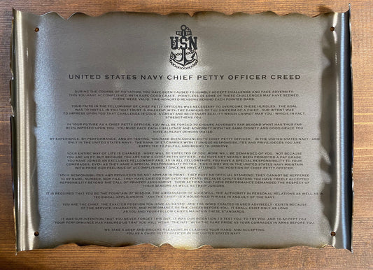 Engraved metal Navy Chief scroll with CPO Creed and powder coat finish