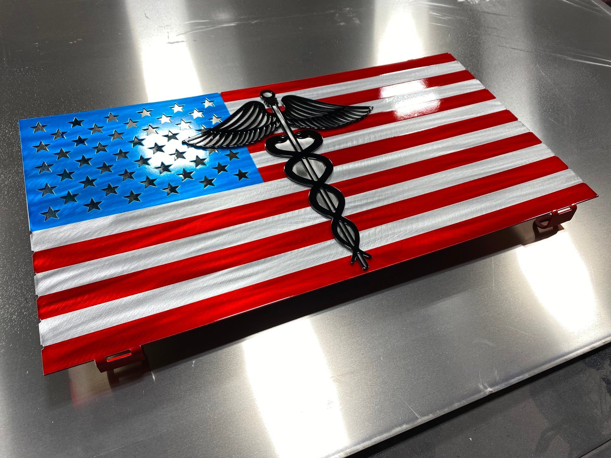 Metal Nurse American Flag with caduceus, powder coated aluminum wall art, 24x13 inches with floating mount design