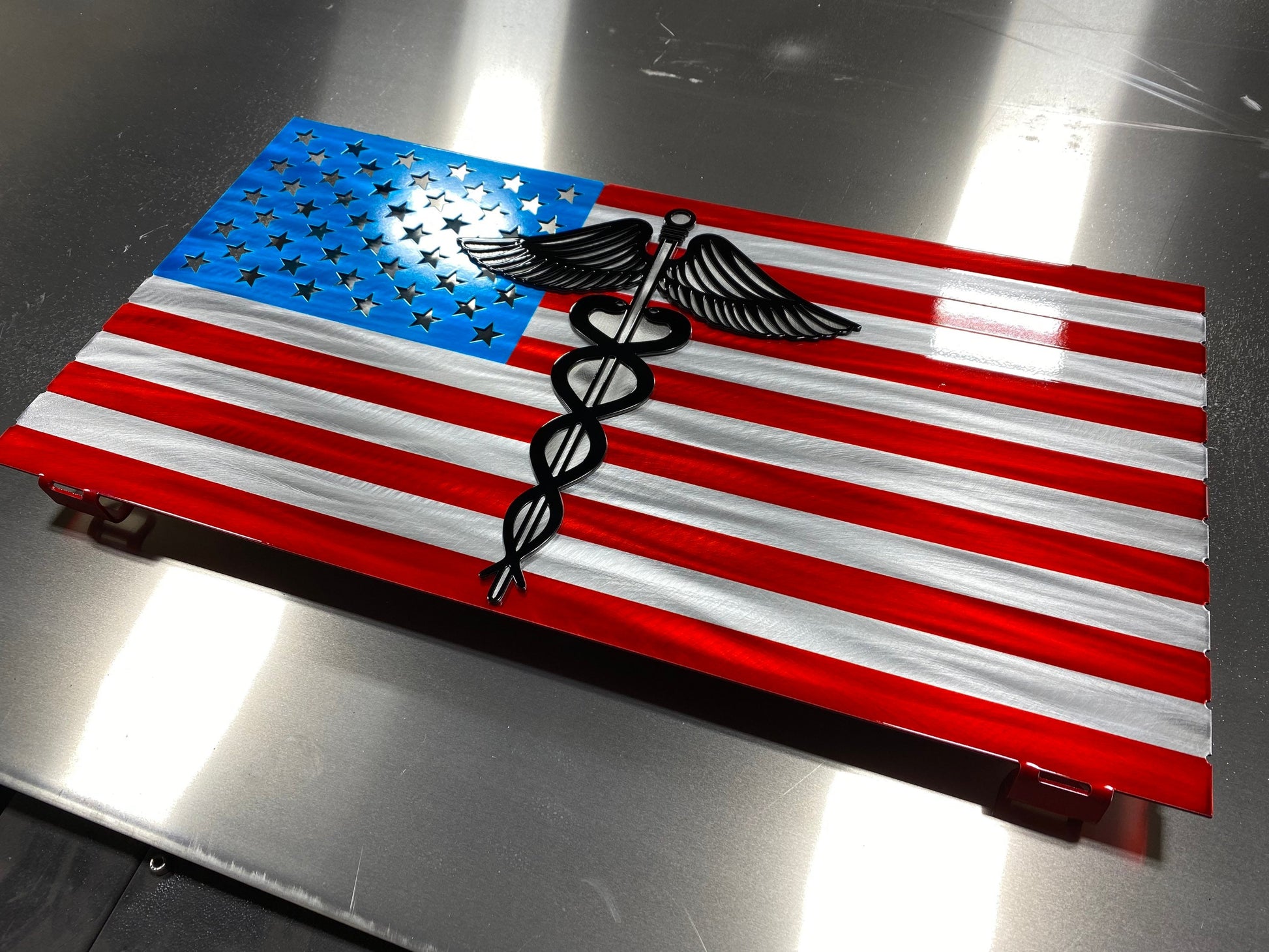 Metal Nurse American Flag with caduceus, powder coated aluminum wall art, 24x13 inches with floating mount design