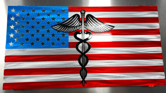 Metal Nurse American Flag with caduceus, powder coated aluminum wall art, 24x13 inches with floating mount design