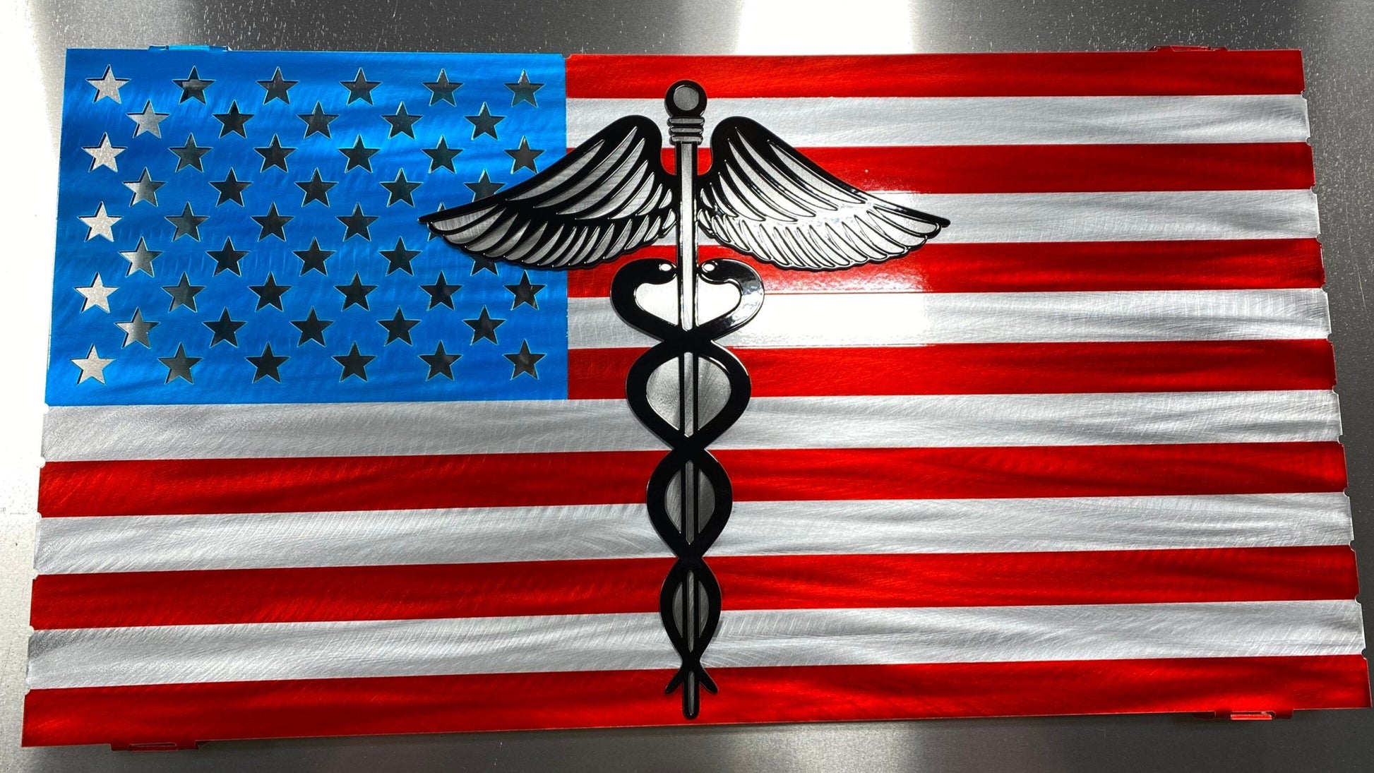 Metal Nurse American Flag with caduceus, powder coated aluminum wall art, 24x13 inches with floating mount design