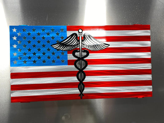 Metal Nurse American Flag with caduceus, powder coated aluminum wall art, 24x13 inches with floating mount design