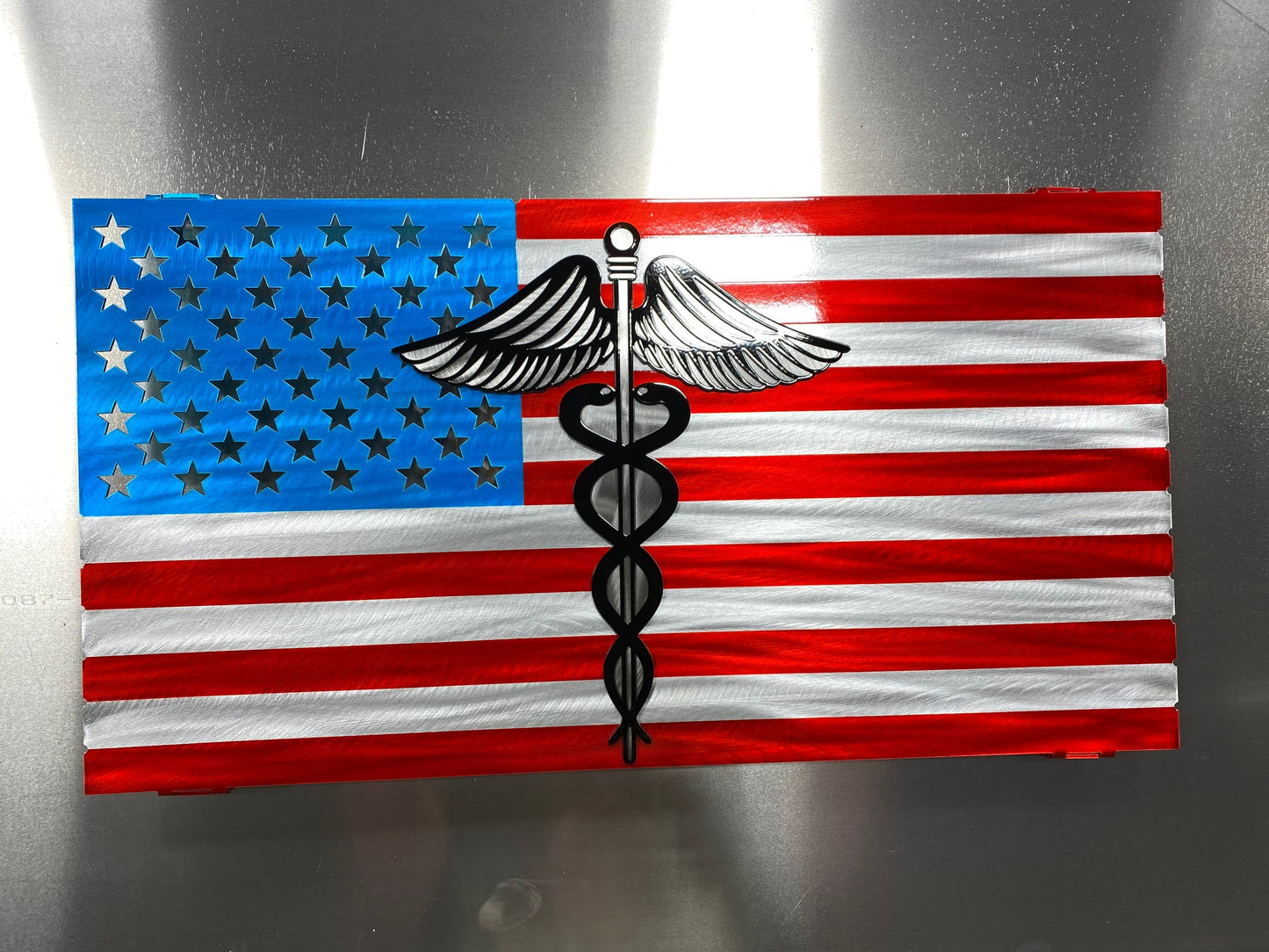 Metal Nurse American Flag with caduceus, powder coated aluminum wall art, 24x13 inches with floating mount design
