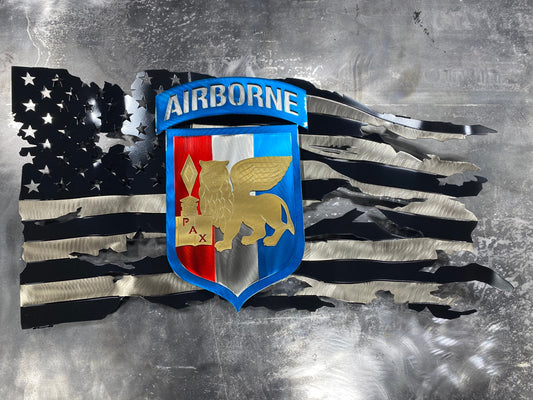 Metal American flag with SETAF Airborne patch for veteran and military decor