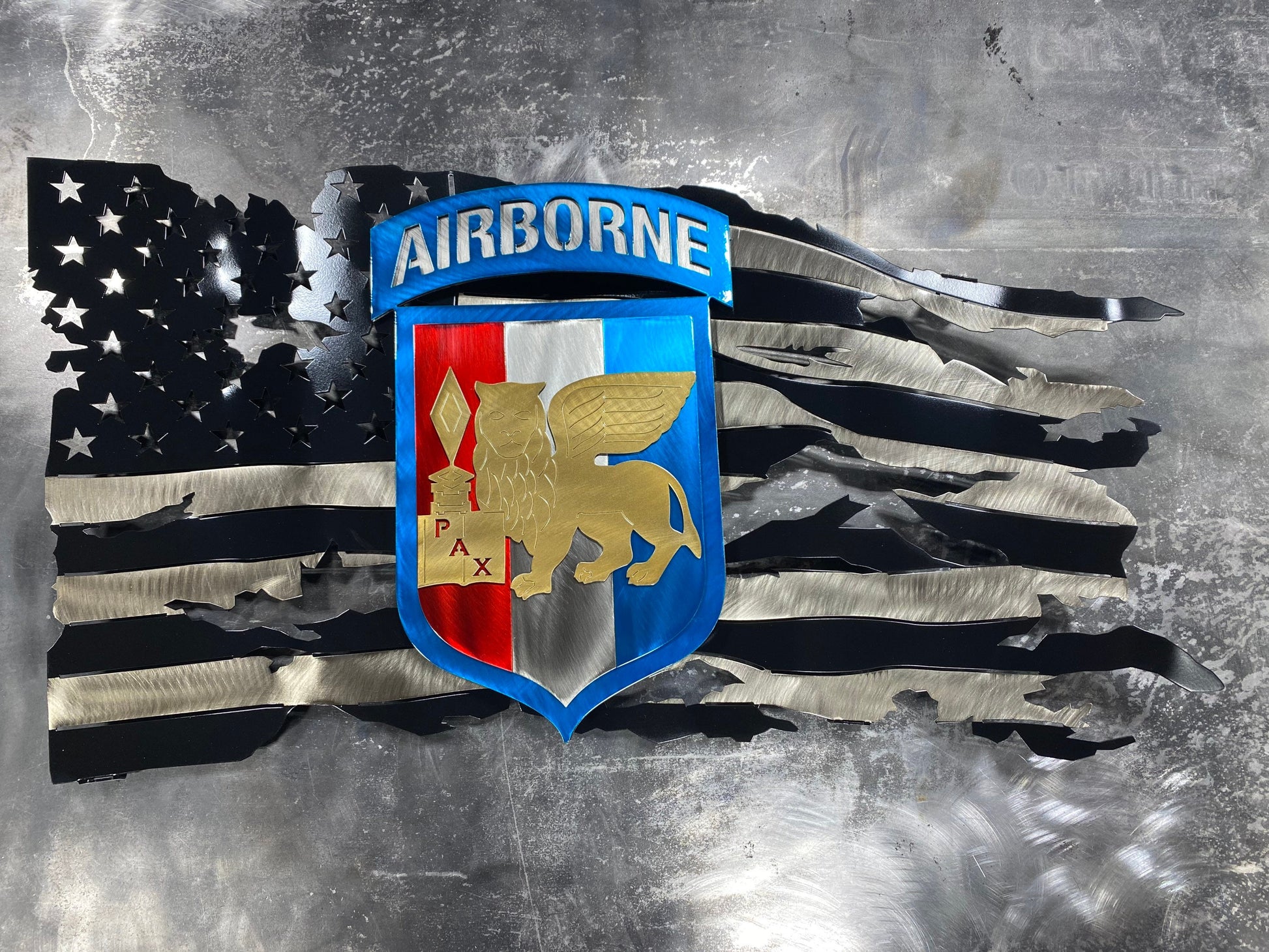 Metal American flag with SETAF Airborne patch for veteran and military decor