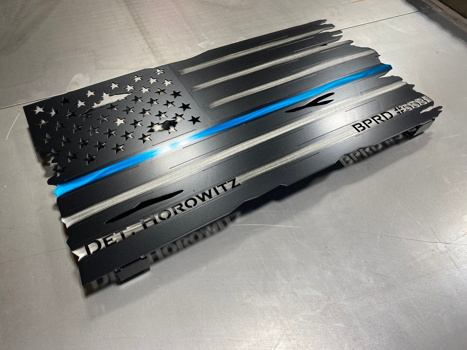 Custom metal Thin Blue Line American flag with personalized name or badge number






