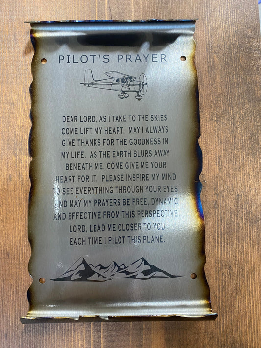 Laser-etched Pilot’s Prayer metal scroll made from American steel