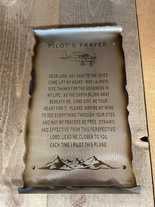 Laser-etched Pilot’s Prayer metal scroll made from American steel